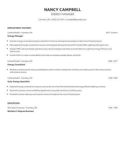 Energy Manager Resume