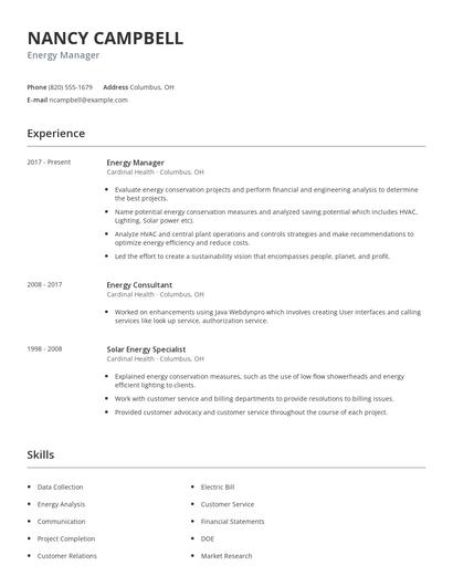Energy Manager Resume