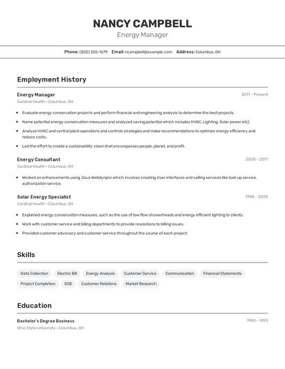 Energy Manager Resume