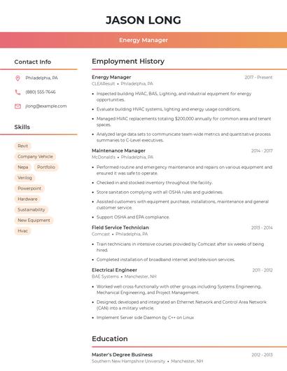 Energy Manager Resume