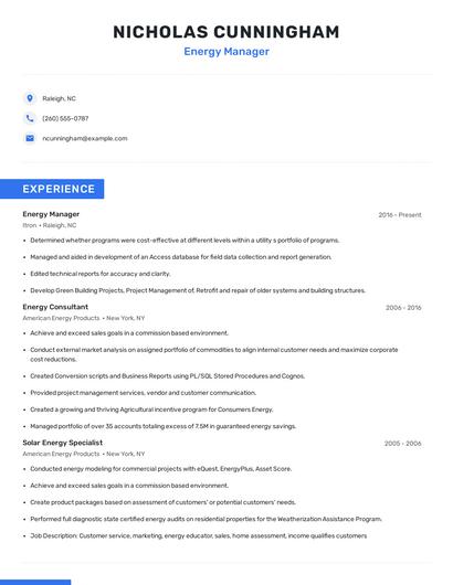 Energy Manager Resume