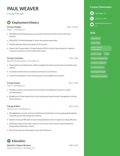 Energy Manager Resume