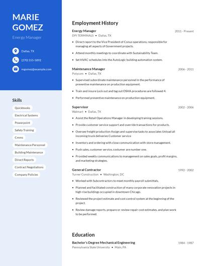 Energy Manager Resume