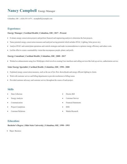 Energy Manager Resume