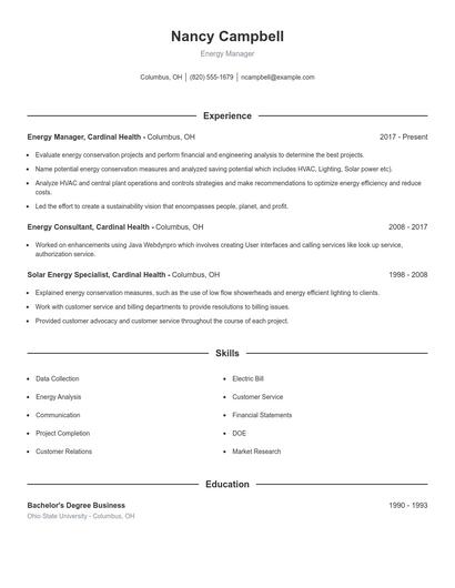 Energy Manager Resume