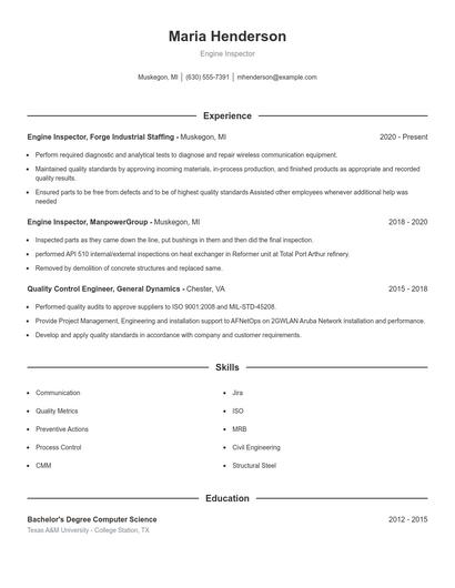 Engine Inspector Resume