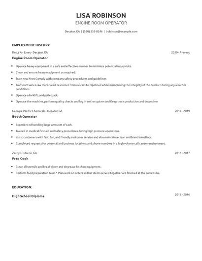 Engine Room Operator Resume
