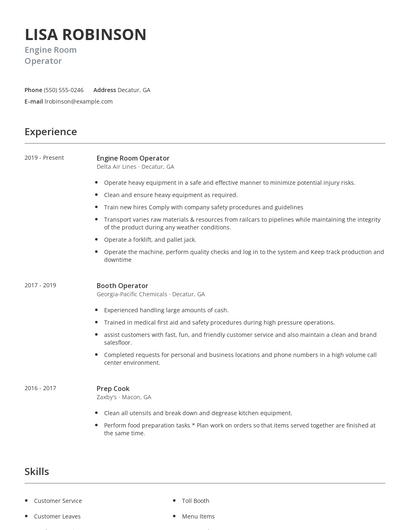 Engine Room Operator Resume