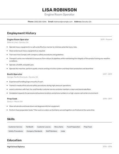 Engine Room Operator Resume