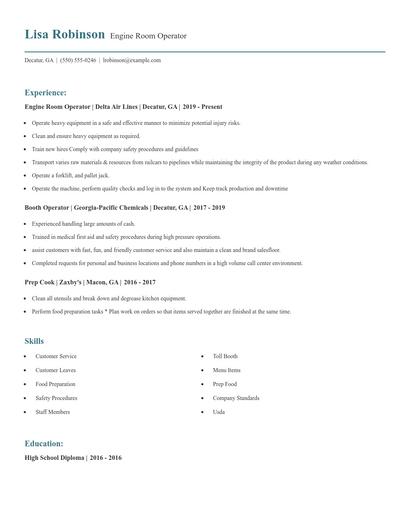 Engine Room Operator Resume
