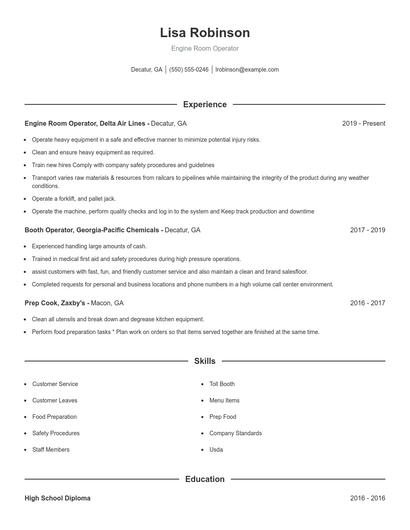 Engine Room Operator Resume
