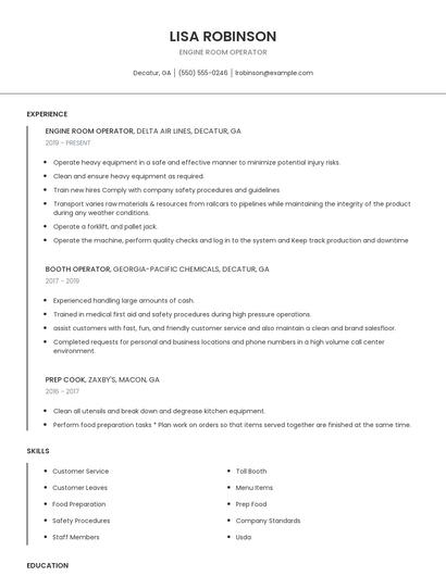 Engine Room Operator Resume