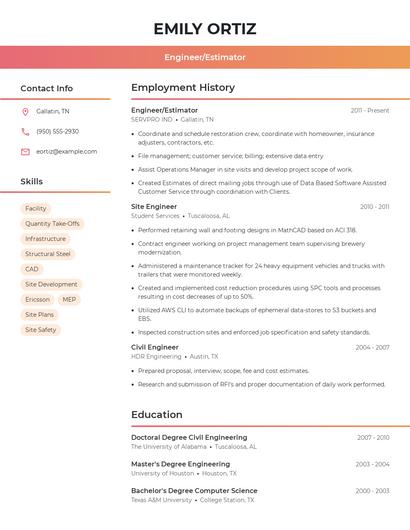 Engineer/Estimator Resume