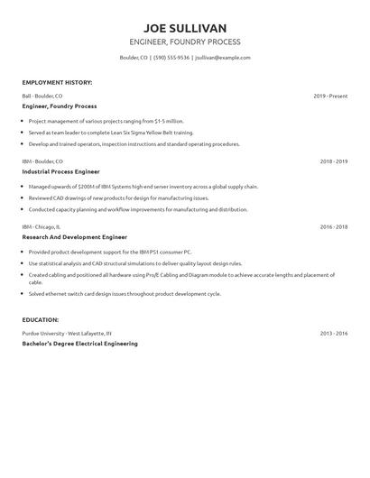 Engineer, Foundry Process Resume