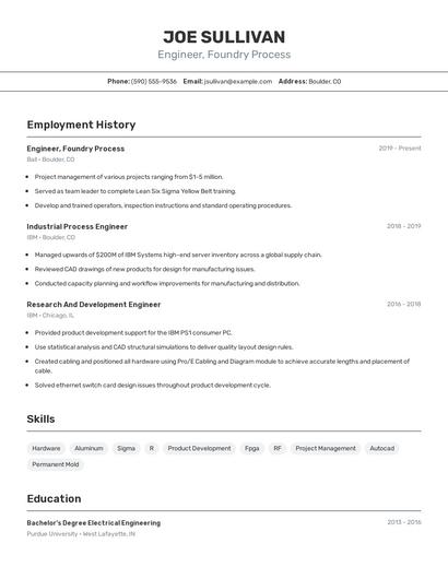 Engineer, Foundry Process Resume