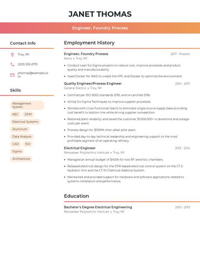 Engineer, Foundry Process Resume