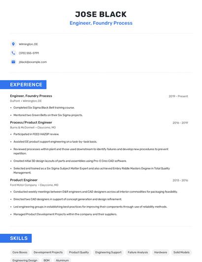 Engineer, Foundry Process Resume