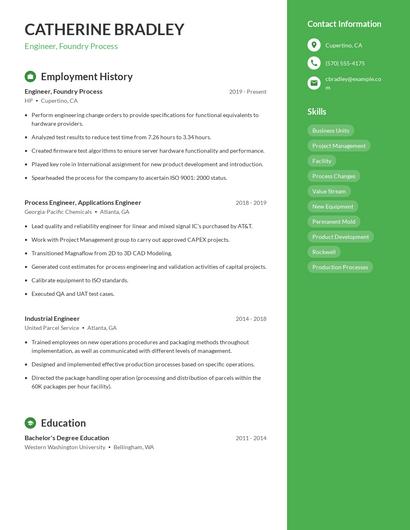 Engineer, Foundry Process Resume