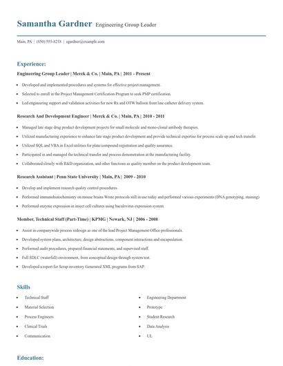 Engineering Group Leader Resume