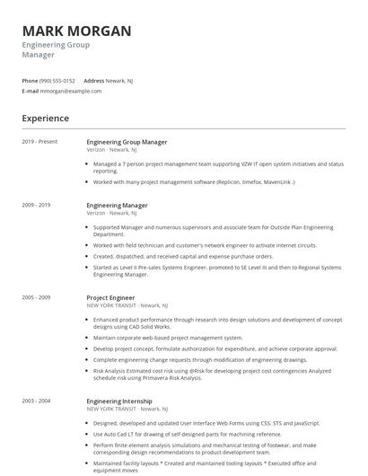 Engineering Group Manager Resume