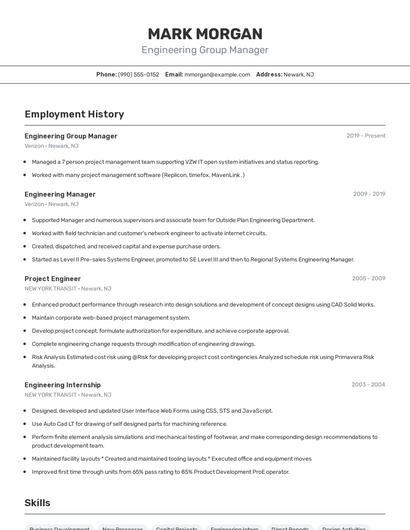 Engineering Group Manager Resume