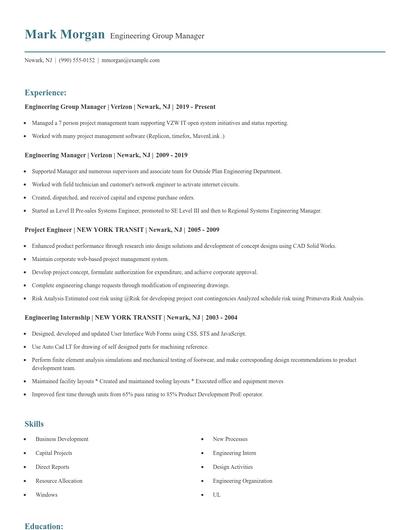 Engineering Group Manager Resume