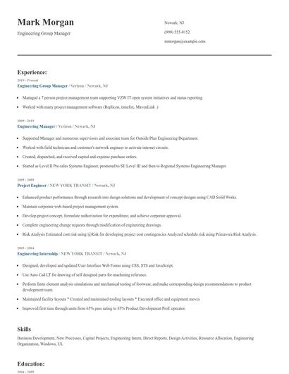 Engineering Group Manager Resume