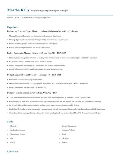 Engineering Program/Project Manager Resume