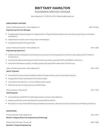 Engineering Services Manager Resume