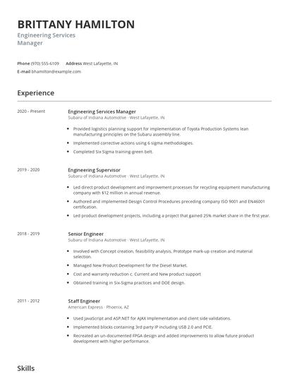 Engineering Services Manager Resume
