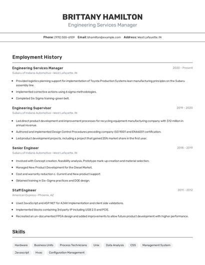 Engineering Services Manager Resume