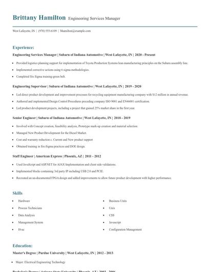 Engineering Services Manager Resume