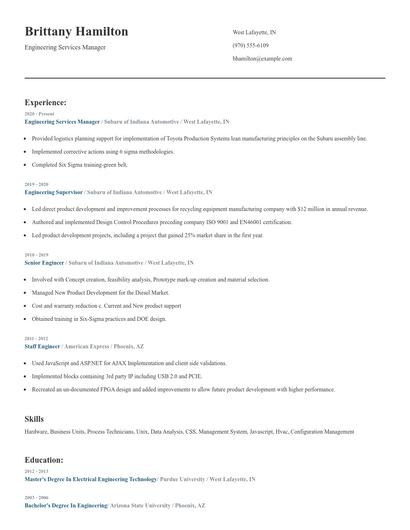 Engineering Services Manager Resume