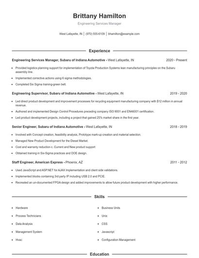 Engineering Services Manager Resume
