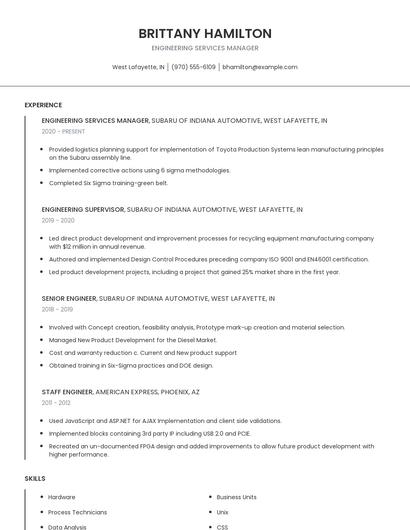 Engineering Services Manager Resume