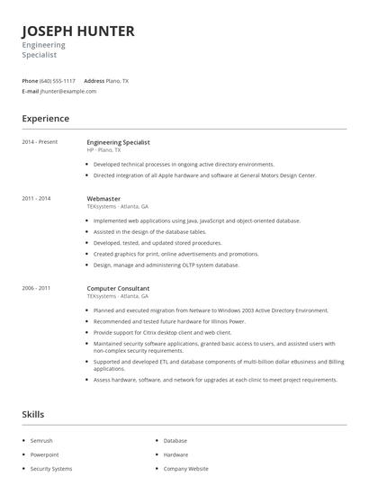 Engineering Specialist Resume