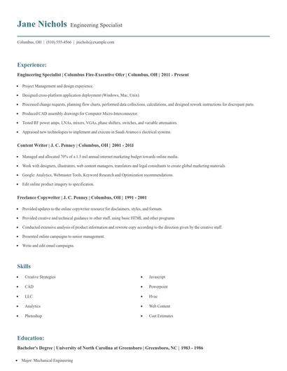 Engineering Specialist Resume