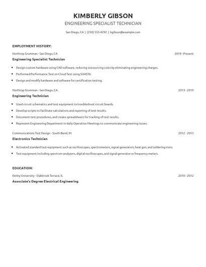 Engineering Specialist Technician Resume