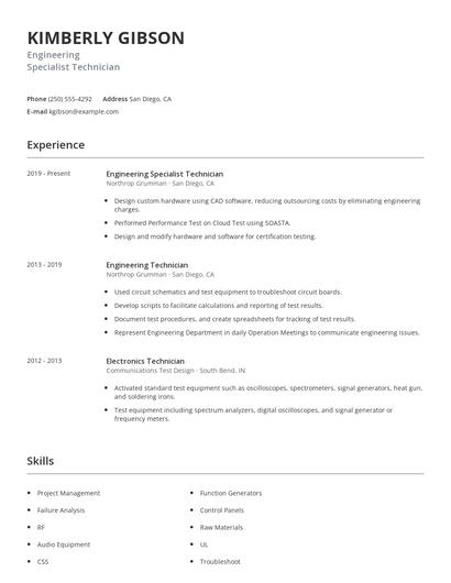 Engineering Specialist Technician Resume