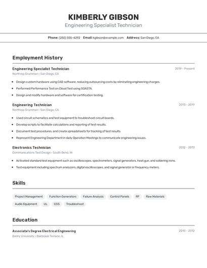 Engineering Specialist Technician Resume