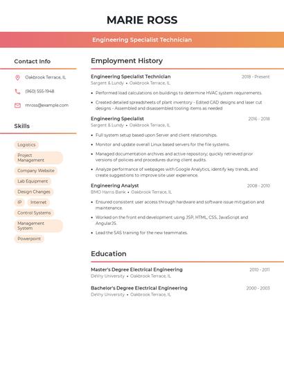 Engineering Specialist Technician Resume
