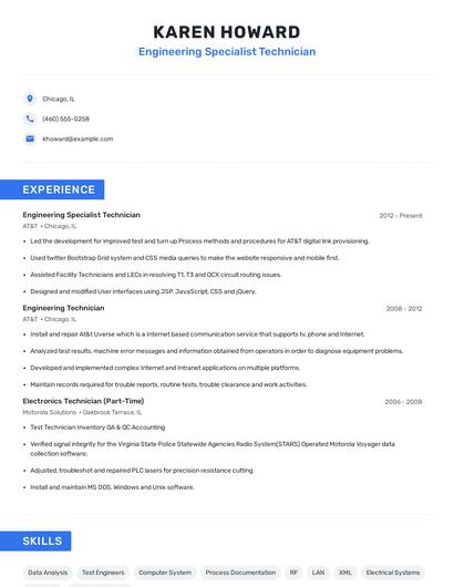 Engineering Specialist Technician Resume