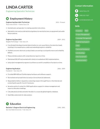 Engineering Specialist Technician Resume