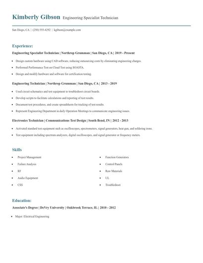 Engineering Specialist Technician Resume