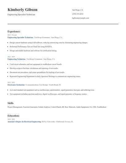 Engineering Specialist Technician Resume