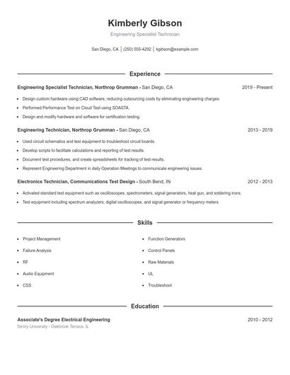 Engineering Specialist Technician Resume