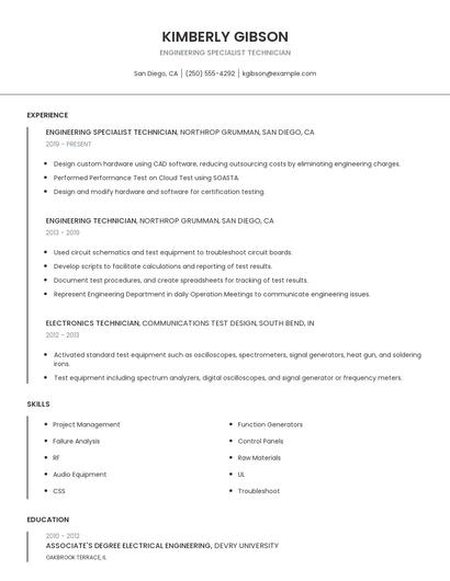 Engineering Specialist Technician Resume