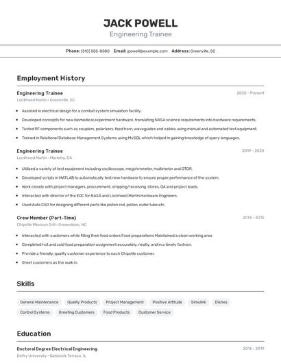 Engineering Trainee Resume