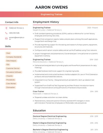 Engineering Trainee Resume