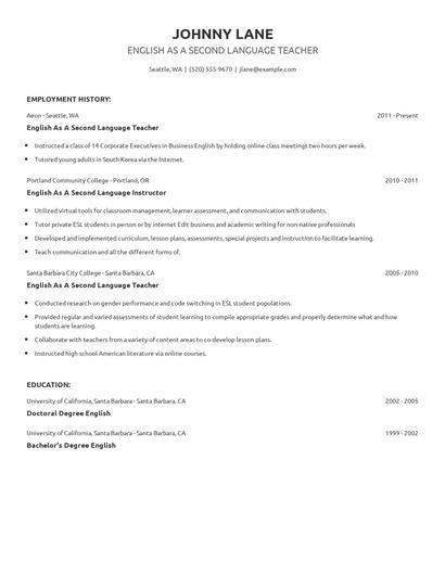 English As A Second Language Teacher Resume